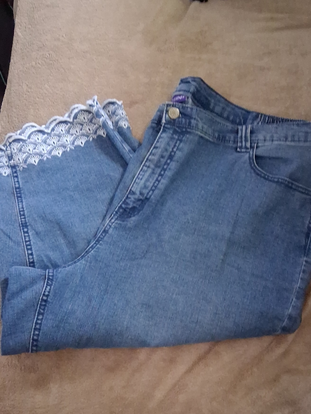 Catherines Blue Denim Ankle Jeans with White Lace Trim
